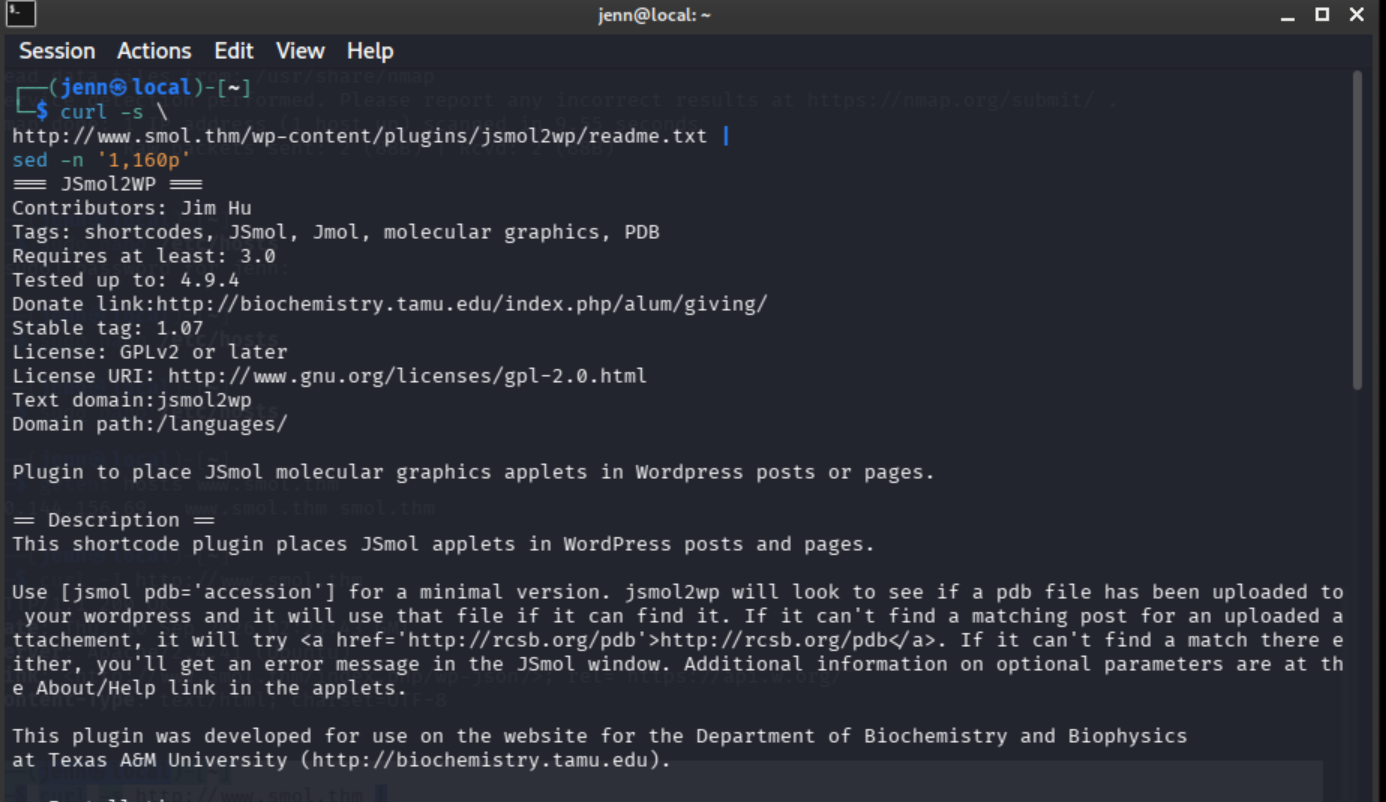 JSmol2WP readme showing plugin metadata and version 1.07